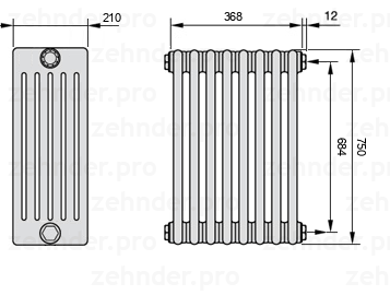 Схема (чертеж) Радиатор Zehnder Charleston 6075/8 №7610 Белый глянцевый RAL 9016